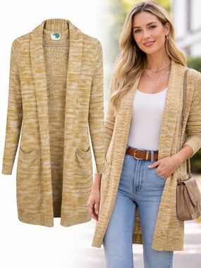 Anthropologie | Mustard Marled Cardigan Sweater | Open Front | Pockets | Size S